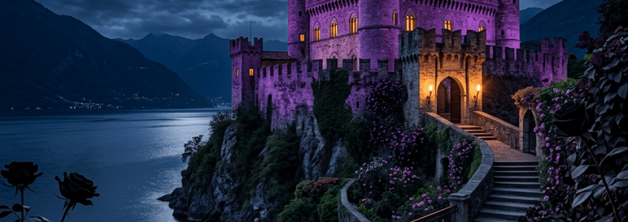 A stone castle illuminated in purple light on a cliff beside a lake at night with a full moon and black roses in the foreground