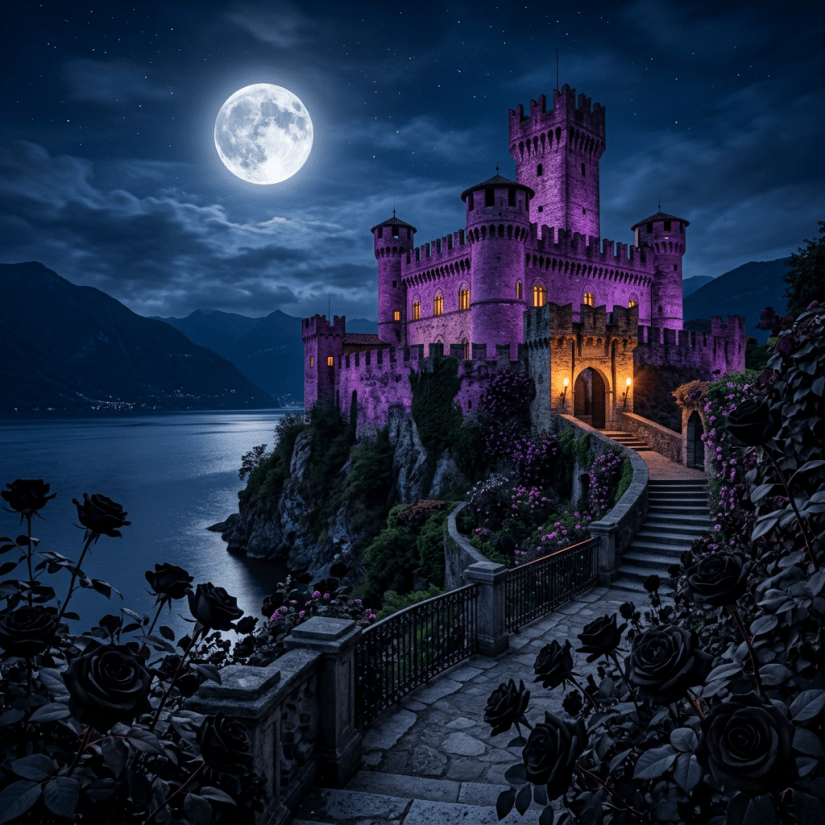 A stone castle illuminated in purple light on a cliff beside a lake at night with a full moon and black roses in the foreground