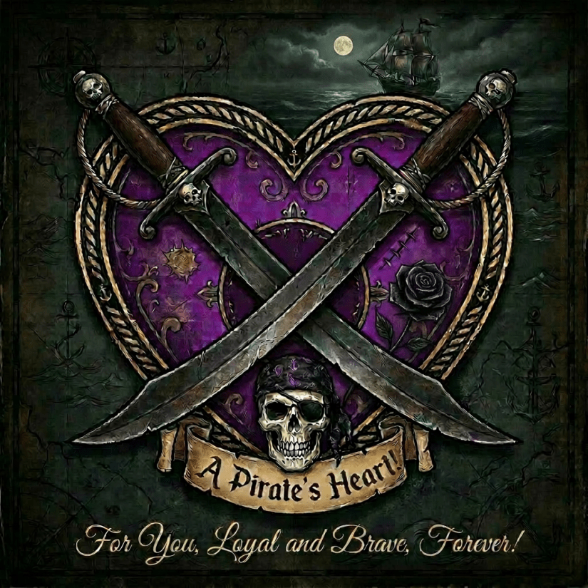 Skull wearing red bandana and eye patch in front of crossed pirate swords and a purple heart