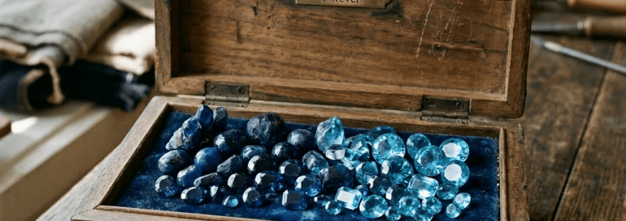 Open wooden box labeled gemstones and treasures containing various sapphire and blue topaz stones
