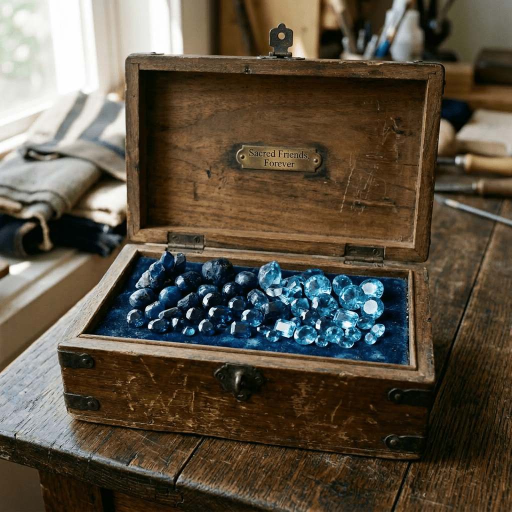 Open wooden box labeled gemstones and treasures containing various sapphire and blue topaz stones